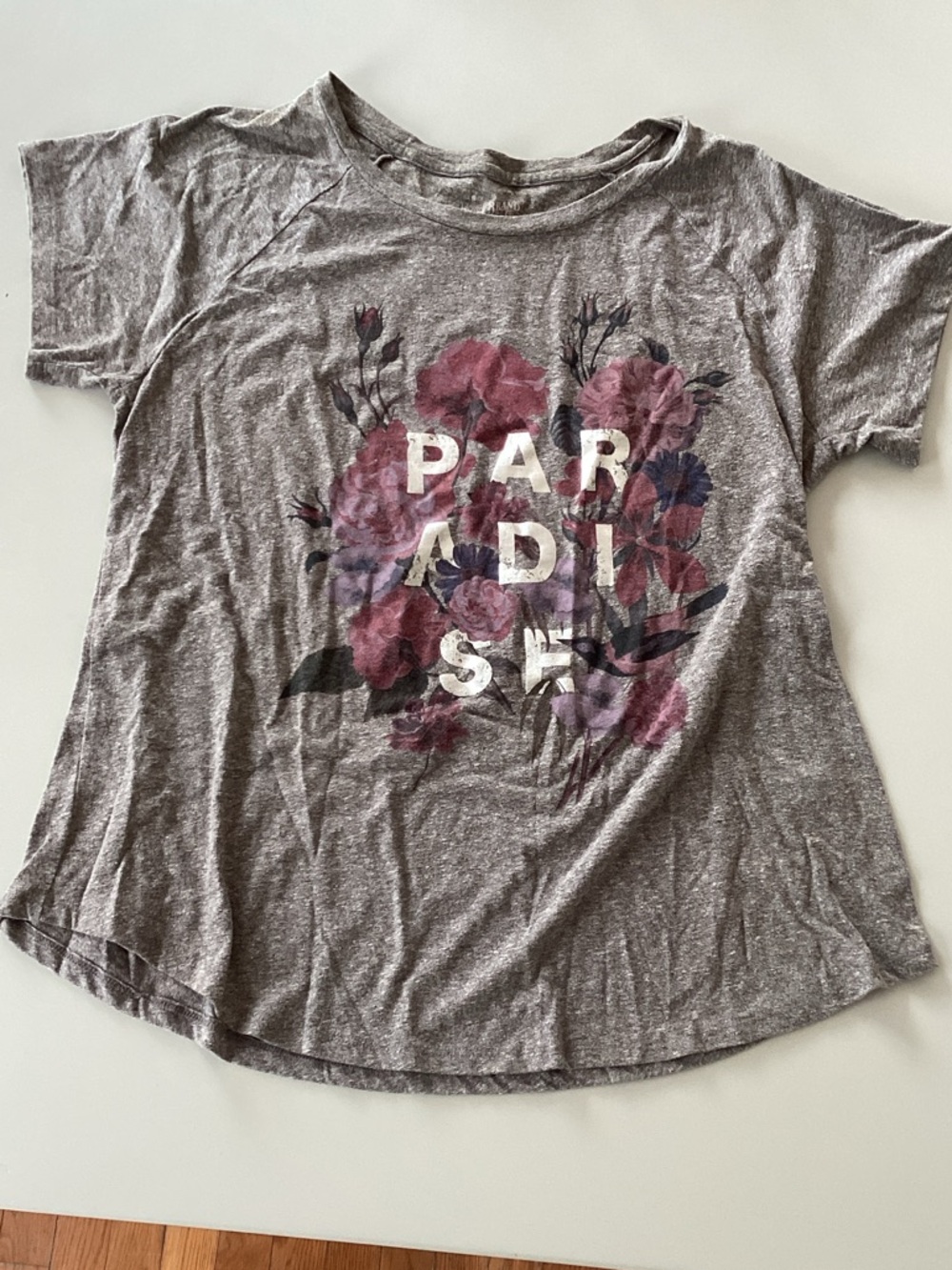 Lucky Brand Heather Gray Tee with Pink & Purple Floral Graphic